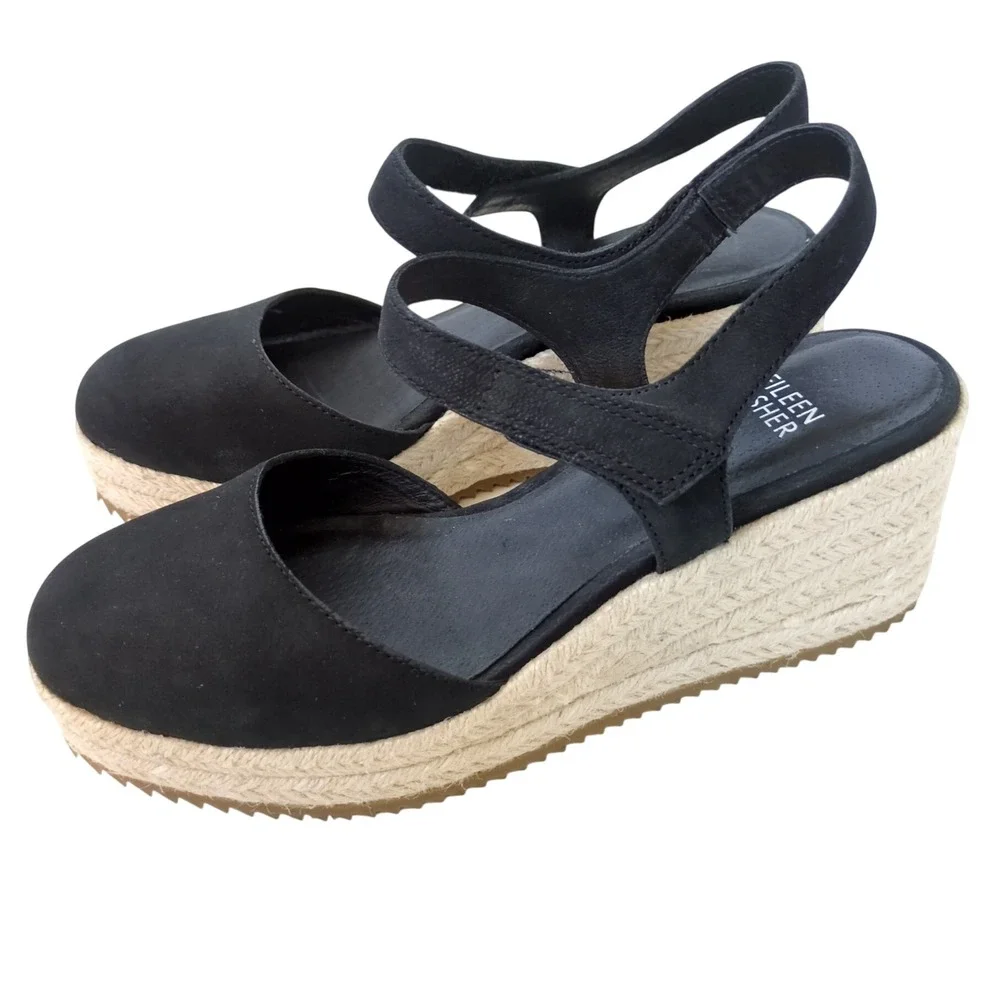 Eileen Fisher Black Leather Espadrille Wedge Sandals 6.5 Minimalist Coastal Boho